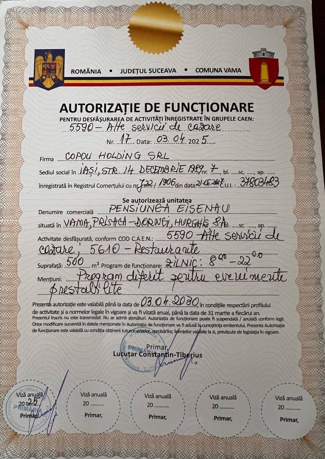 Autorizație de funcționare – Pensiunea Eisenau