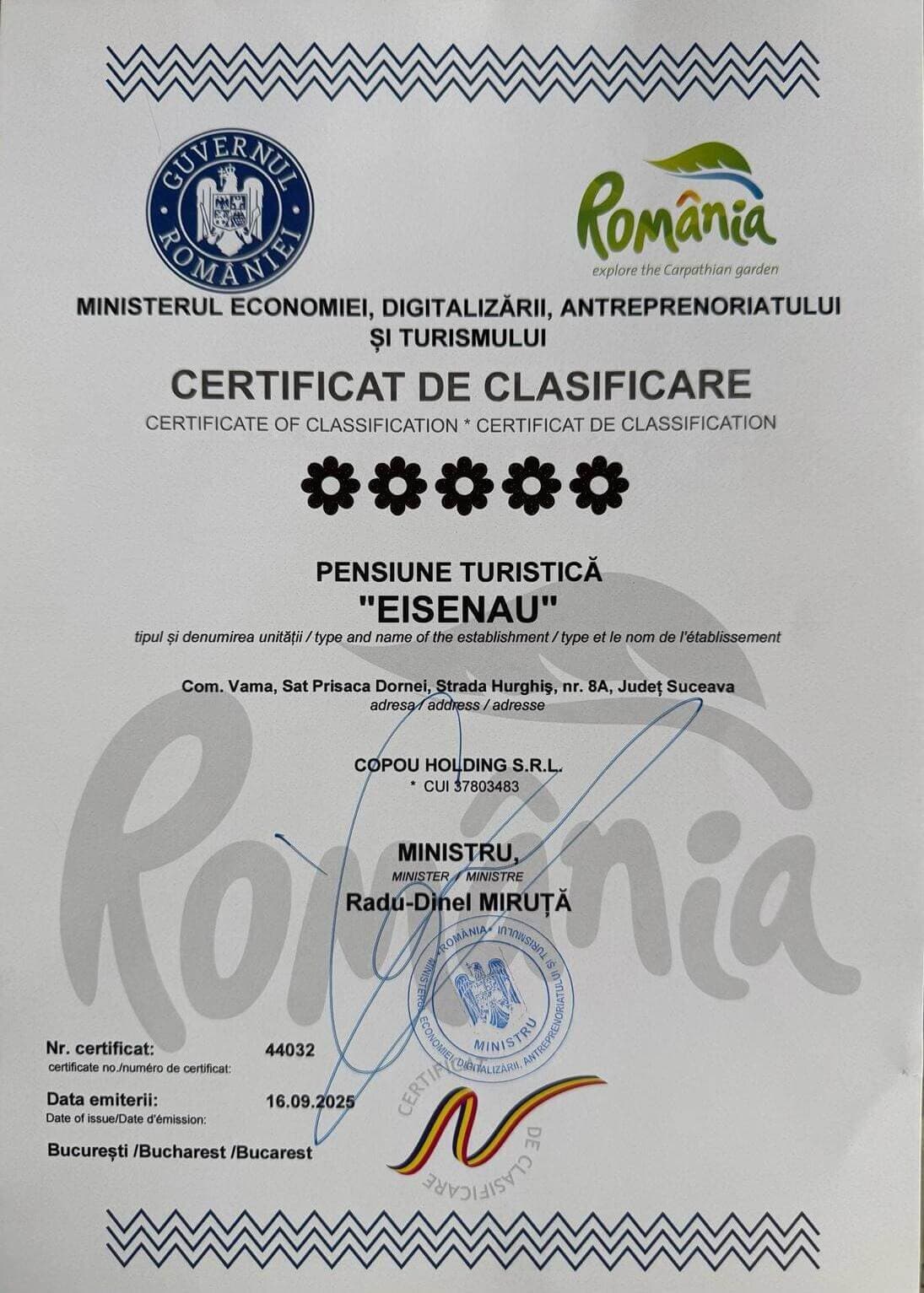 Certificat de clasificare – Pensiunea Eisenau